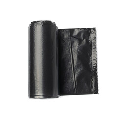 Garbage Bag Roll Isolated. Trash Package, New Rolled Plastic Bin Bags, Black Polyethylene Waste Container