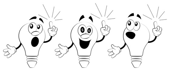 Set of cartoon light bulbs with hands.
