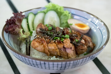 Closeup view of the Japanese teriyaki chicken with rice