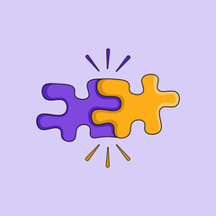 Two pieces of perfect match puzzle connect together on a purple background. Isolated Premium Vector illustration.