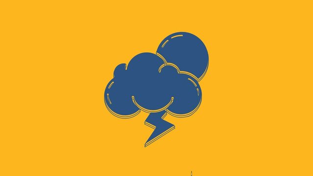 Blue Storm icon isolated on orange background. Cloud with lightning and sun sign. Weather icon of storm. 4K Video motion graphic animation