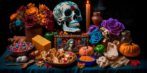 Vibrant Colorful Still Life of Decorated Skulls with Pumpkins, Candles and Traditional Mexican Decor Celebrating Day of the Dead - Dia de Muertos