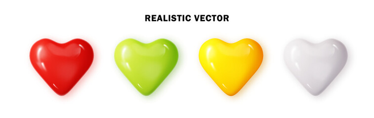 Bright hearts realistic collection. Glossy 3d spheres set isolated with shadow. Png