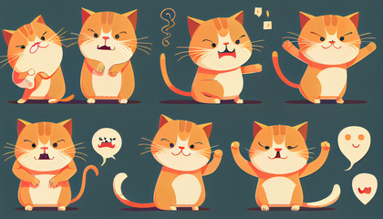 Set of cute and adorable cartoon orange cats. Cute animal characters are confused, thinking, angry, and other different expressions