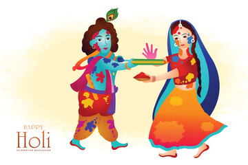 Holi greetings with joyful krishna and radha playing with colors illustration background
