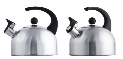 metal chrome kettle for a gas stove in different angles on a transparent background