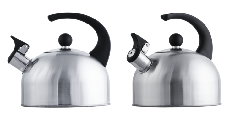 metal chrome kettle for a gas stove in different angles on a transparent background