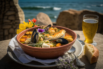 Fototapeta na wymiar French Coastal Delights: Bouillabaisse with Fresh Seafood Served with Perfect Wine