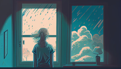 illustration of a girl person who is sad and pensive standing by the window looking out the window in rainy weather due to the big loss of a loved one