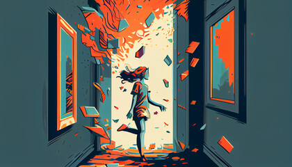 illustration of a girl after reading a book, she can get enlightened and can go through and live the problems she faces with an open mind - obrazy, fototapety, plakaty