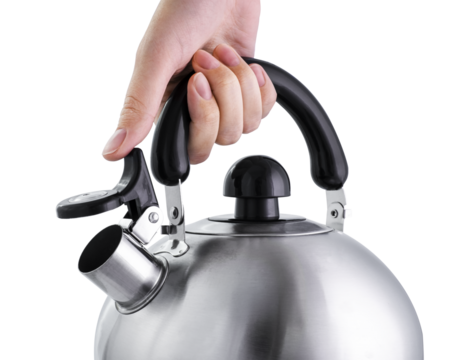 a female hand holds a metal chrome kettle for a gas stove on a transparent background