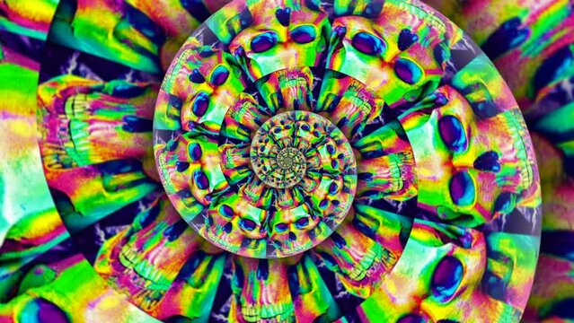 Seamless animation of a rainbow colorful skulls texture illustration pattern swirl. Geometric colorful graphic spiral with a psychedelic look for Halloween