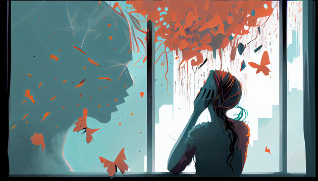 illustration of a woman who can't overcome her fear of facing her own fear