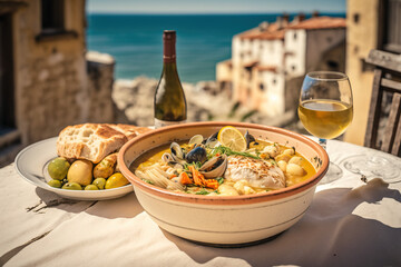 French Coastal Delights: Bouillabaisse with Fresh Seafood Served with Perfect Wine - obrazy, fototapety, plakaty