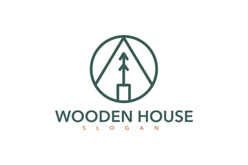 Wooden House, Village Cabin Cottage with Pine Evergreen Fir Trees for Camp logo design