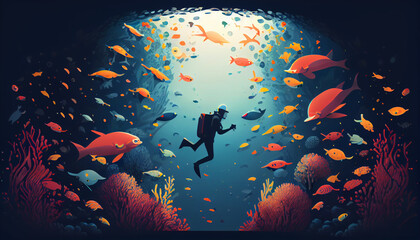 Obraz na płótnie Canvas Colorful coral reefs and various types of fish with the silhouette of a diver with background under the seabed in an underwater cave and sunlight entering the sea