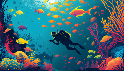 Naklejka na ściany i meble Colorful coral reefs and various fish with the silhouette of a diver against a background of blue sea and sunlight entering the sea