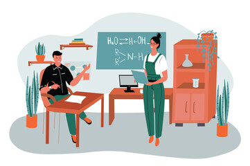 School green orange concept with people scene in the flat cartoon style. Teacher conducts a chemistry lesson for a student at school. Vector illustration.