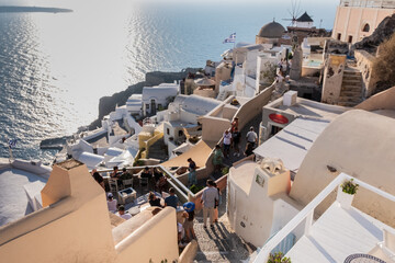 Top view of the town of Oia in Santorini Greece almost at famous sunset time.
