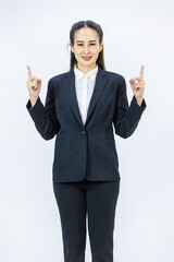 Portrait isolated cutout studio  shot of Millennial Asian professional successful female businesswoman lawyer ceo in formal business suit posing smiling on white background