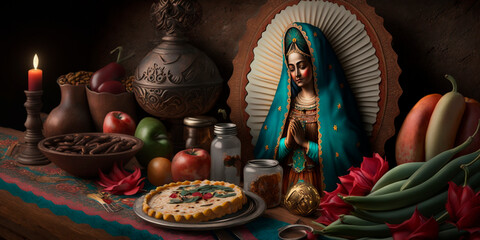 Devotion to the Virgin of Guadalupe: Sacred Wooden Figure for the Mexican Holiday - obrazy, fototapety, plakaty