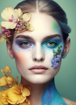 spring glam beauty portrait of a young woman, Generative AI