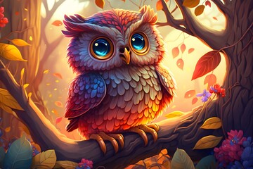 Obraz premium Cute and fantasy cartoon owl sitting on a tree branch, Generative AI
