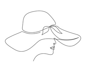 Continuous one line drawing of beautiful woman wearing sun hat. Simple linear beauty lady face and summer hat  line art vector illustration.  