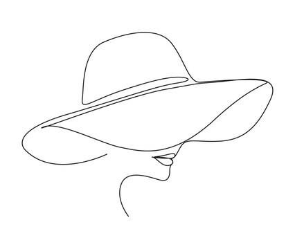 Continuous one line drawing of beautiful woman wearing sun hat. Simple linear beauty lady face and summer hat  line art vector illustration.  