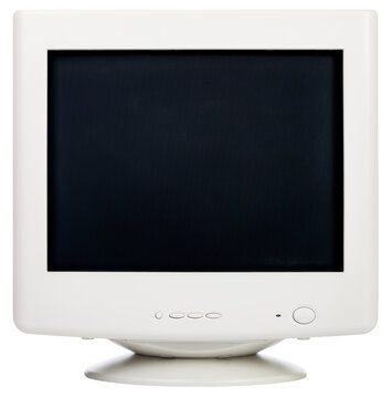 Vintage CRT computer monitor with black screen isolated on white background