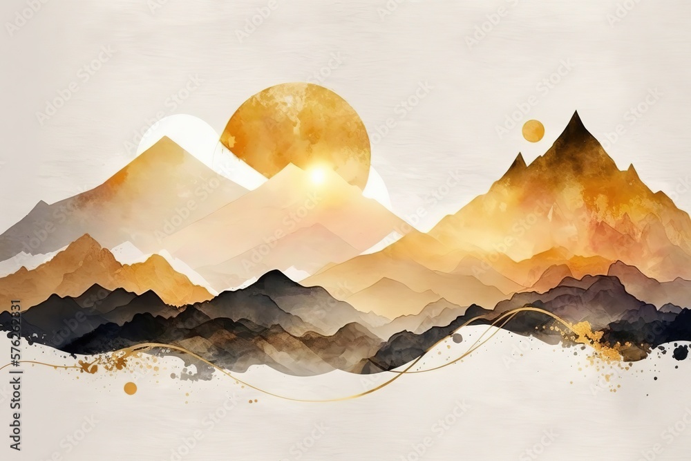 Wall mural Mountains and the sun in yellow and gold shades.Beautiful, minimalistic print for your decor for postcard, congratulations and poster. Generative AI