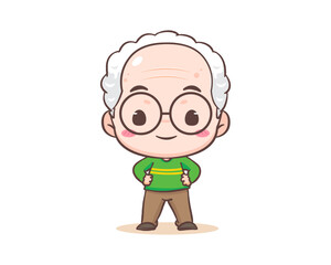 Cute grandfather or old man cartoon character. Grandpa standing with hand at waist. Kawaii chibi hand drawn style. Adorable mascot vector illustration. People Family Concept design