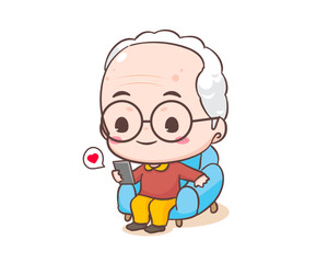 Cute grandfather or old man cartoon character. Grandpa sit on sofa holding phone. Kawaii chibi hand drawn style. Adorable mascot vector illustration. People Family Concept design