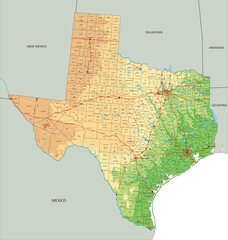 High detailed Texas physical map with labeling.