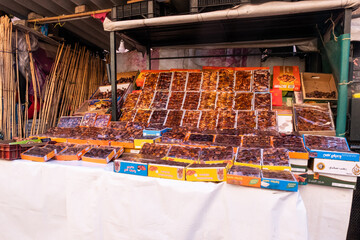Different types of dates for sale in a souk in Marrakesh