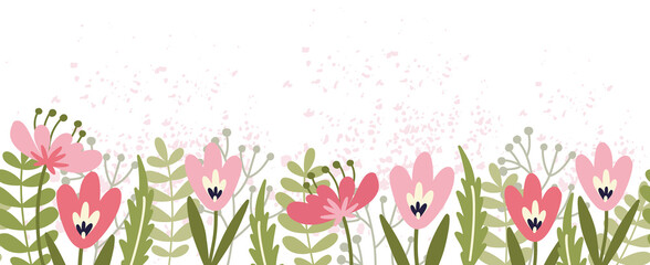 Floral border with tulips. Cute horizontal seamless patterns with hand drawn flowers. Beautiful...