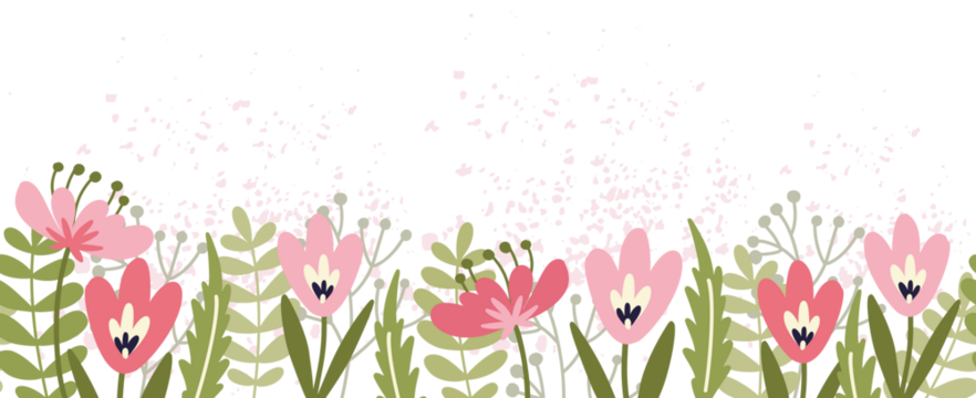 Floral border with tulips. Cute horizontal seamless patterns with hand drawn flowers. Beautiful spring background great for greeting cards, banner, textiles, wallpapers