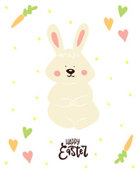 Cute hand drawn Spring illustration with eggs, flowers, leaves and bunny.