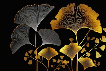 Golden plants.Beautiful, minimalistic print for your decor for postcard, congratulations and poster. Generative AI