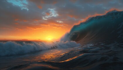 Sea, waves and sunset.Generative AI