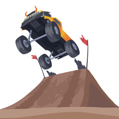 Jumping monster truck show. Bright colorful cartoon auto with big wheels. Car with large tires for rally 4x4 computer or mobile game. Vector cartoon illustration © the8monkey