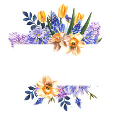square frame of spring flowers on a white background. watercolor illustration