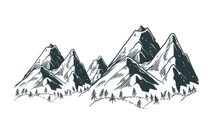 Mountain landscape Hand drawn vector illustration, sketch natural drawing vintage style Handdrawn rocky peaks monochrome colors.