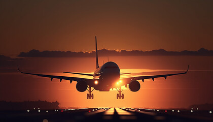 Fototapeta na wymiar Sunset Landing: A Captivating Flight Experience - Ai Generative