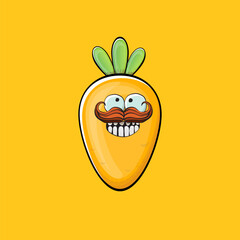 Carrot character. Cartoon orange carrot isolated on orange background. Funky vegetable character with eyes and mouth. Vector white teabag clip art, emoji, label and sticker