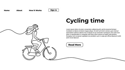 Cycling time one line drawing landing page template. Continuous hand drawn minimalist a girl ride a bike, minimalism vector illustration, sport theme design.