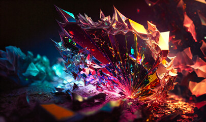 The jagged edges of a shattered piece of glass, refracting light and casting a kaleidoscope of colors
