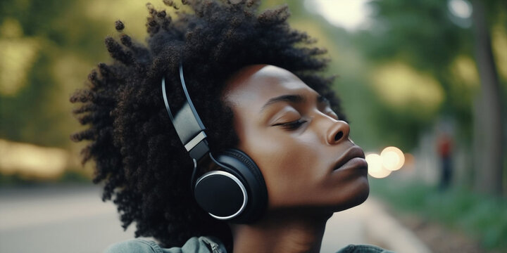 Generative ai young black woman outdoors listening music