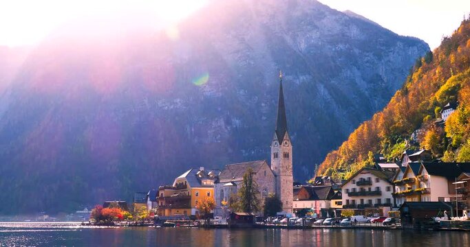 Scenic autumn view of the Evangelical church at the waterfront of the famous mountain village Hallstatt in the Salzkammergut region, O&Ouml;, Austria