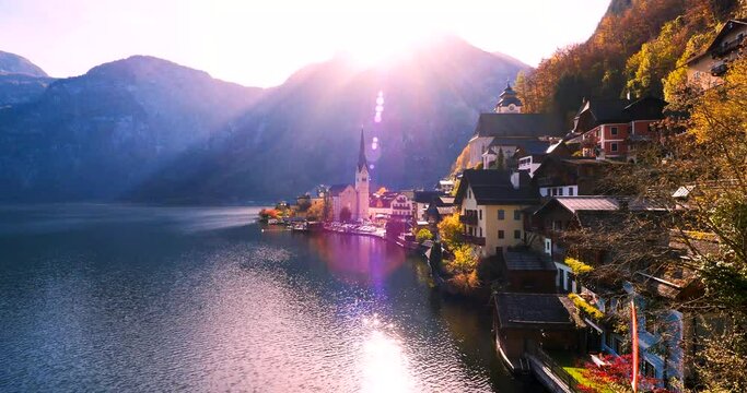 Scenic autumn view of the Evangelical church at the waterfront of the famous mountain village Hallstatt in the Salzkammergut region, O&Ouml;, Austria